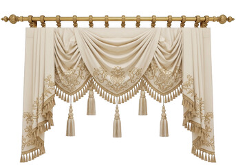 Ornate valance with intricate lace details and tassels hanging from a gold rod. isolated on transparent background