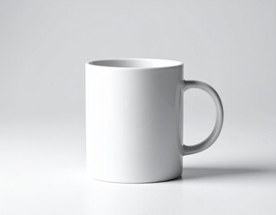 A plain white ceramic coffee mug rests against a subtle light gray background, offering abundant space for custom branding.
