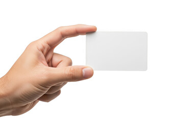 A hand holding a blank white card isolated on transparent background