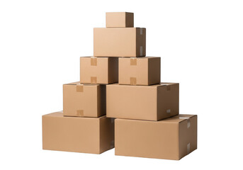 Stack of cardboard boxes arranged in a pyramid shape isolated on transparent background
