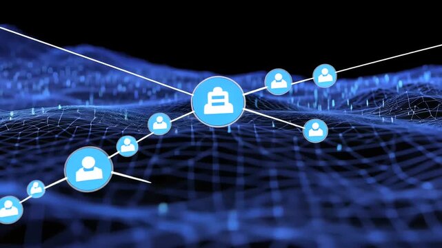 Abstract digital network with central blue icon linked to user icons on a data grid