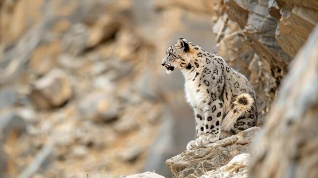A majestic snow leopard perched atop a rocky outcrop, surveying its rugged mountain habitat