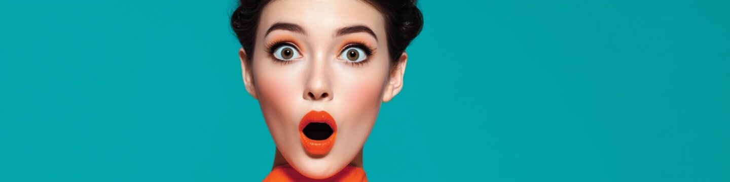 A woman with wide eyes and open mouth stares in shock against vivid teal. Her exaggerated expression conveys surprise, wonder, or comedic disbelief, with free space for text.