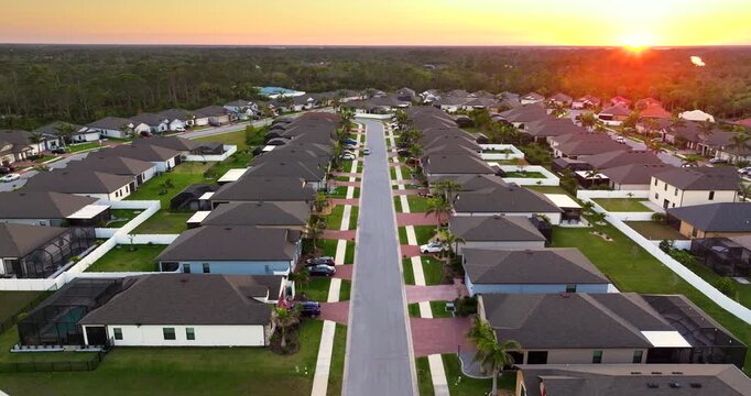 Aerial view of expensive residential houses in small town in southwest Florida. American dream homes as example of real estate development in US suburbs.