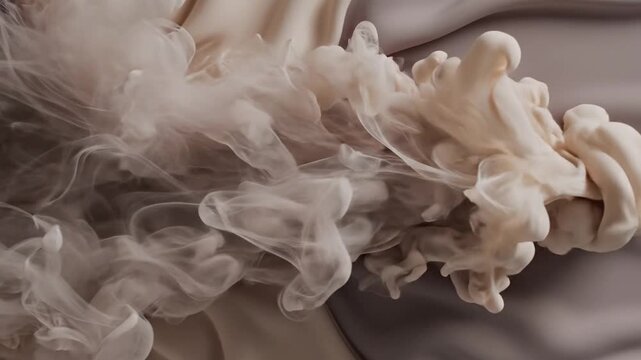 Close-up of white smoke swirling on a gray fabric background with a shallow depth of field.