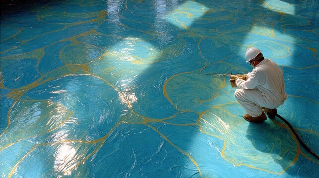 A worker kneels, applying a decorative finish to a vibrant, patterned floor