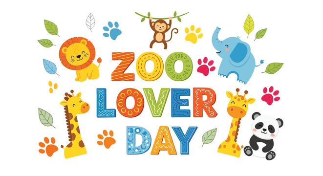 Colorful Zoo Animals and Typography Illustration.