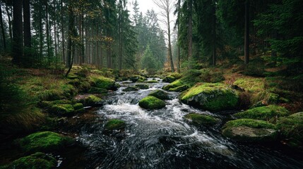 Obraz premium Tranquil Stream Flowing Through Lush Green Forest with Mossy Rocks and Autumn Foliage in Soft Natural Light
