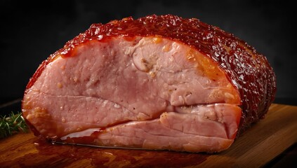 An elegantly arranged piece of glazed ham, highlighting its softness and vibrant hue, ideal for food photography and culinary work