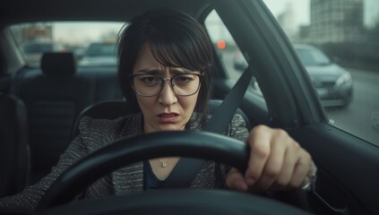 Obraz premium Stressed and angry woman drives for a long time. Asian girl feels tired and has a headache after heavy traffic. Themes of sleepiness, stretching, and inebriation
