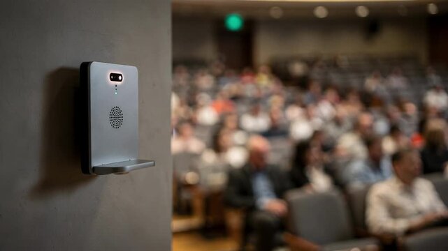 Closeup medium shot of wallmounted sensor tracking noise levels and crowd density in auditorium isolating device sharply from softfocus audience area.