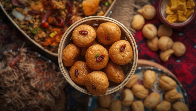 Chili-covered fafda, a classic Gujarati snack, displayed in a bamboo basket from above