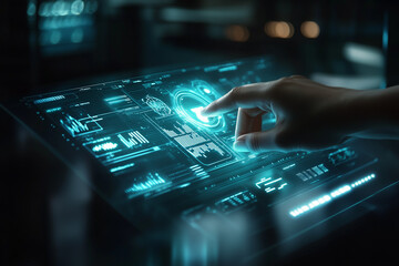 Digital Touch: A person's finger interacts with an advanced touchscreen interface, highlighting technological innovation and the seamless integration of human interaction with digital interfaces. 