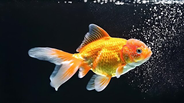 Closeup of a vibrant orange goldfish swimming gracefully in a dark aquarium with bubbles.
