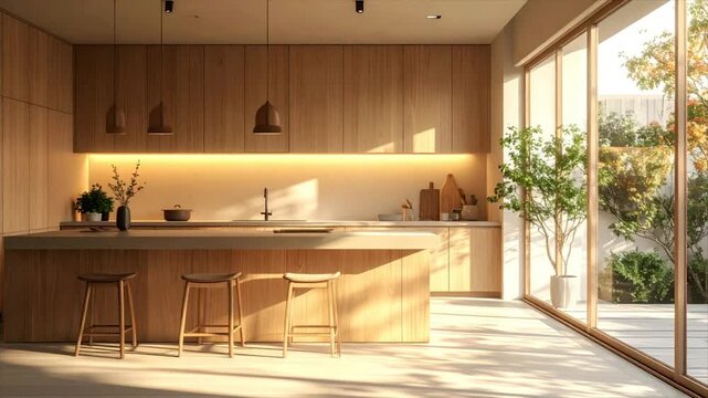 A modern, sunlit kitchen features wood cabinets, island, stools, and large windows with outdoor view
