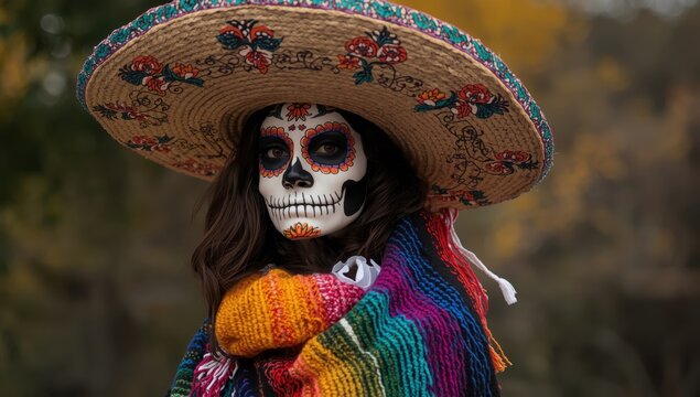 A vibrant illustration of a catrin in sombrero and colorful serape, celebrating Mexico's Day of the Dead