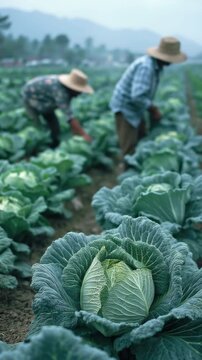 Two laborers on a field of cabbage