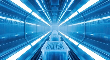Futuristic server room with rows of transparent computer servers and blue led lights in a high tech data center tunnel
