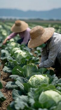 Two laborers on a field of cabbage