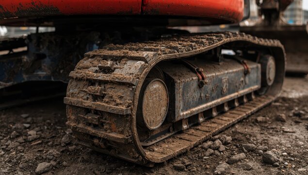 A close view of a muddy rubber track from a mini excavator, showcasing its wear and durability in tough urban conditions