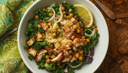 A nutrient-rich green salad perfect for post-workout, featuring massaged kale, grilled chicken, chickpeas, and honey-mustard dressing