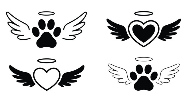 Angel wings with paw prints and hearts memorial illustration representing pet loss remembrance, heartfelt tribute symbols