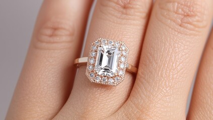 Obraz premium Close-up of a luxury engagement ring set featuring a rose gold diamond with an emerald cut and halo