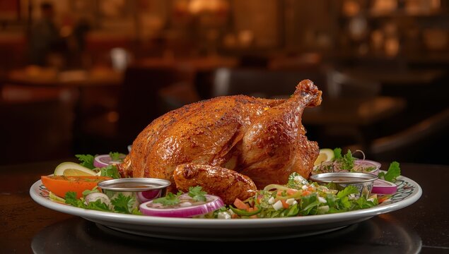 Spicy Arabian Thandoori chicken in Bengaluru, Kerala. Whole grilled chicken platter with salads and Al Faham charcoal chicken