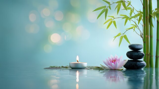 Therapy stress release treatment, health lifestyle. A tranquil spa setting with a tranquil body of water, a lit candle, a pink lotus flower, and a stack of black pebbles.