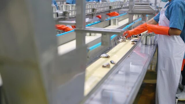 Factory worker working and sorting raw seafood on automated processing line in canned food manufacturing plant, hygiene control and quality inspection workflow in seafood production facility.