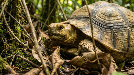 A detailed close-up of a tortoise slowly moving through a lush forest environment, showcasing its textured shell and observant eye.