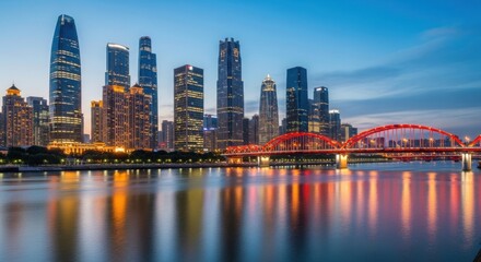 Obraz premium A city skyline at dusk with a red bridge over a body of water illustration
