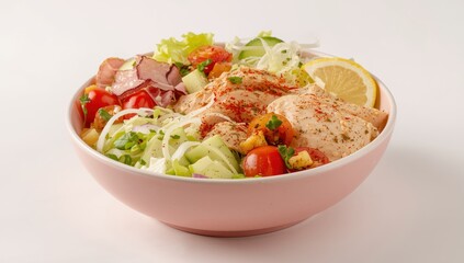 rosy bowl containing Mediterranean salad with lettuce, grilled chicken, cucumbers, diced tomatoes, and paprika drizzle
