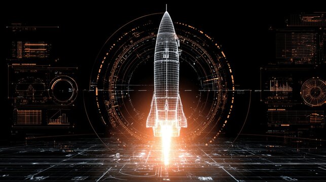 Futuristic Rocket Launch Concept with 3D Wireframe Model and High-Tech Interface in Dark Background