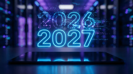 Glowing blue neon numbers 2026 and 2027 on a smartphone screen in a futuristic dark room with purple and blue lights