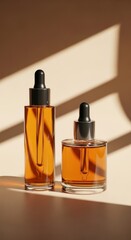 Two glass dropper bottles with amber liquid on a surface with diagonal shadows