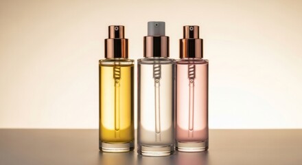 Three glass perfume bottles displayed on a reflective surface