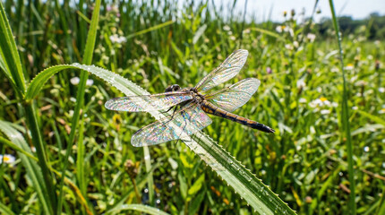 Fototapeta premium Detailed Close-up of a Dragonfly with Iridescent Wings Perched on a Green Leaf in Natural Sunlight