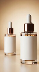 Beauty products displayed on a table with a dropper bottle in focus