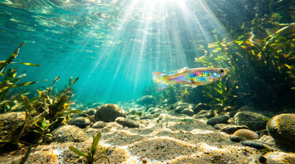 Fototapeta premium Iridescent Guppy Fish Swimming Through Sunlit Underwater Reef with Rocky Bottom
