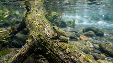 Tiny green frog rests on mossy submerged log in clear river water