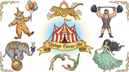 Vintage Circus Set with Clown Tiger Elephant Acrobats Strongman and Big Top Tent Retro Cartoon Vector Illustration Collection © MdEmdadul