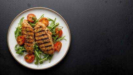 Top-down image of grilled chicken, arugula, and tomatoes on a plate against a black backdrop, featuring empty space. High-quality shot