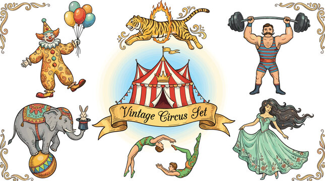 Vintage Circus Set with Clown Tiger Elephant Acrobats Strongman and Big Top Tent Retro Cartoon Vector Illustration Collection