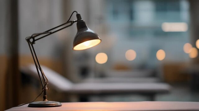 Medium shot of adjustable desk lamp illuminating exam table background softly blurred to emphasize focused task lighting in clinical setting.
