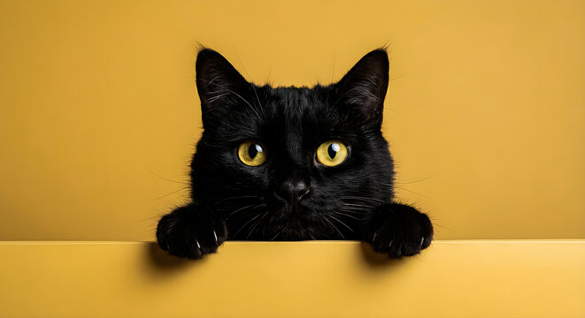 Black Cat Peeking Curiously Over Yellow Ledge