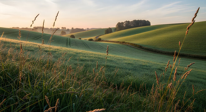 A serene landscape of green hills and fields at sunset