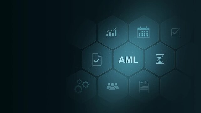 AML Anti Money Laundering Security Compliance on Tablet with Digital Finance Icons. digital 3d interface on cyan color background