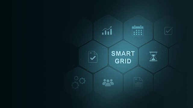 Smart grid system integrating renewable energy sources, energy storage, smart inverters, and demand response for efficient, decentralized, and digital 3d interface on cyan color background