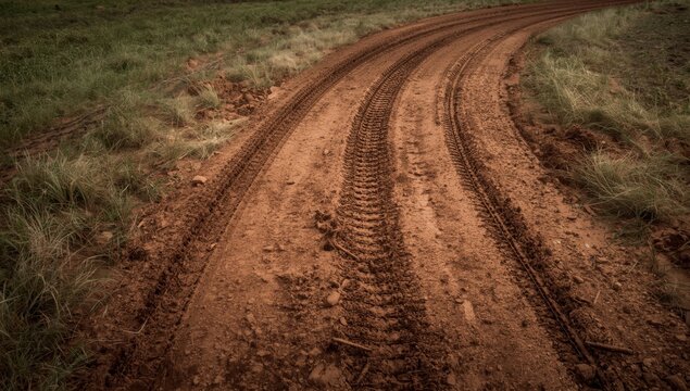 Tire marks on dirt, sand, or mud; retro or grunge photo; vehicle on sandy off-road path; trail on grass or farm